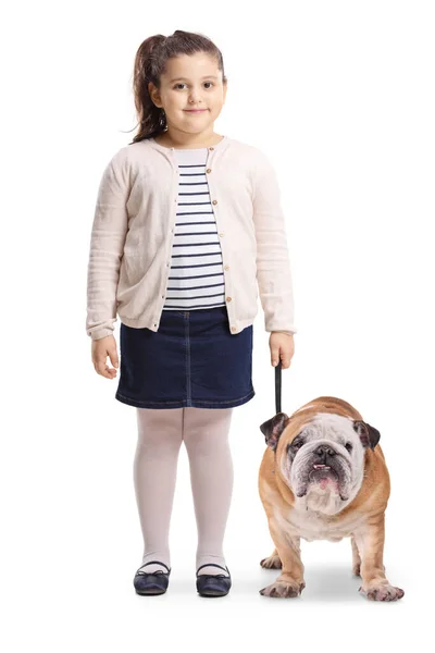 Retrato Comprimento Total Uma Menina Com Bulldog Sorrindo Para Câmera — Fotografia de Stock