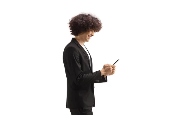 Profil Bild Ung Man Promenader Och Använda Smartphone Isolerad Vit — Stockfoto