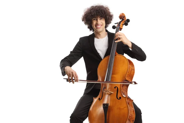 Ung Man Sitter Stol Spelar Cello Och Ler Isolerad Vit — Stockfoto
