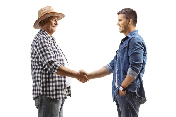 Mature Farmer Shaking Hands Young Casual Man Isolated White Background — Stock Photo, Image