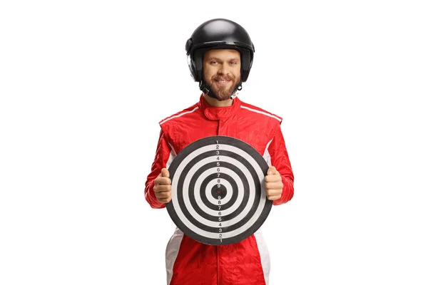 Motorsport Rennfahrer Roten Anzug Mit Zielscheibe Für Darts Auf Weißem — Stockfoto