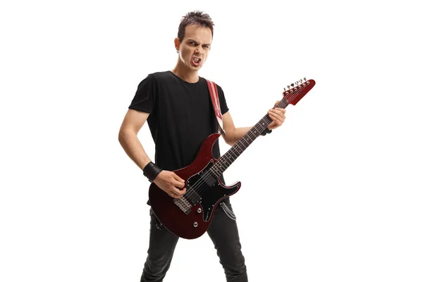 Rock Musician Playing Electric Guitar Isolated White Background — Stock Photo, Image