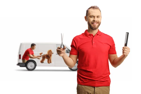 Mobile Pet Groomer Van Holding Scissors Smiling Isolated White Background — Stock Photo, Image