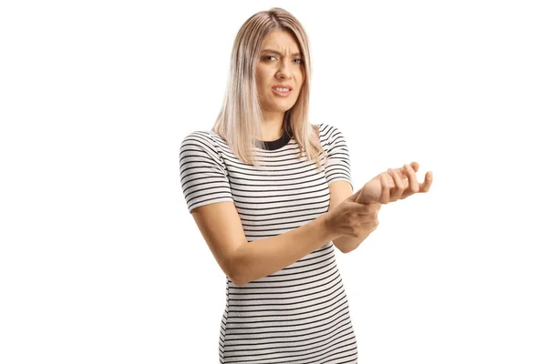 Jeune Femme Souffrant Poignet Douloureux Isolé Sur Fond Blanc — Photo