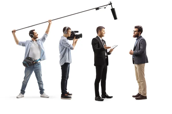 Camera Man Geluidstechnicus Opnemen Van Een Gesprek Tussen Mannen Geïsoleerd — Stockfoto