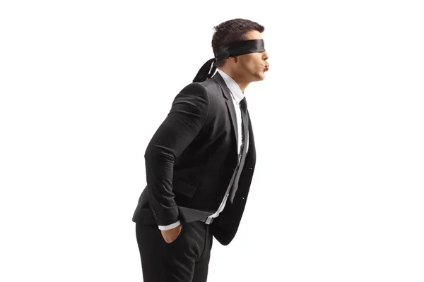 Profile Shot Young Man Suit Blindfold Blowing Kiss Isolated White — Stock Photo, Image