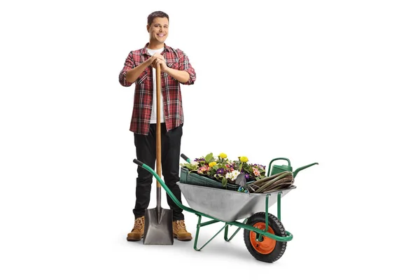 Full Length Portret Van Een Tuinman Met Een Schop Naast — Stockfoto