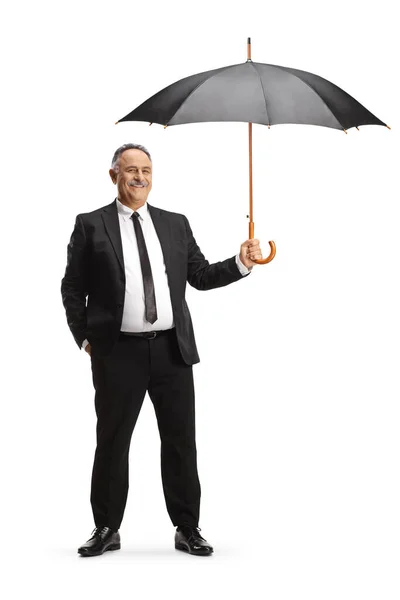 Full Length Portrait Mature Gentleman Holding Open Umbrella Smiling Isolated — Stock Photo, Image