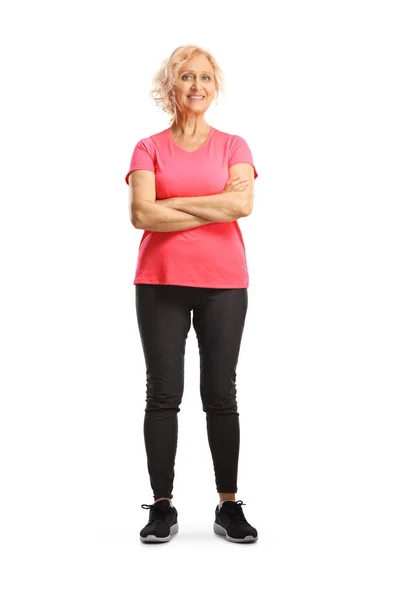 Full Length Portrait Smiling Mature Woman Sportswear Isolated White Background — Stock Photo, Image