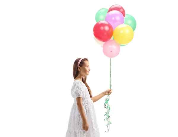 Perfil Uma Menina Vestido Branco Segurando Monte Balões Isolados Fundo — Fotografia de Stock