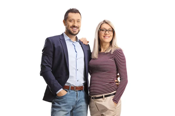 Retrato Una Joven Pareja Casual Posando Sonriendo Aislada Sobre Fondo — Foto de Stock