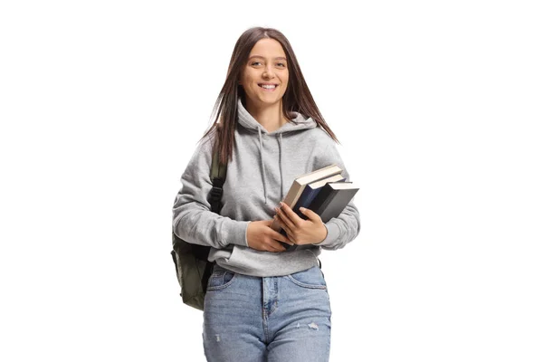 Estudante Feminina Carregando Livros Caminhando Direção Câmera Isolada Fundo Branco — Fotografia de Stock