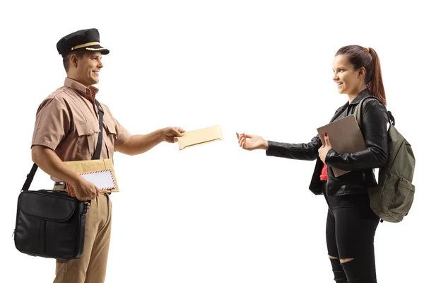 Profile Shot Mailman Delivering Post Female Student Isolated White Background — Stock Photo, Image