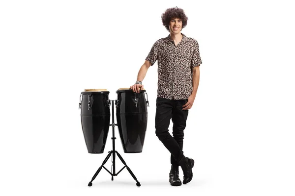 Full Length Portrait Guy Leaning Conga Drums Isolated White Background — Stock Photo, Image