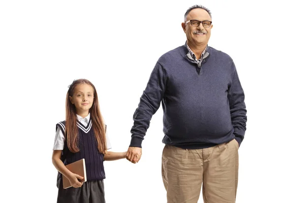 Portret Van Een Schoolmeisje Hand Hand Met Grootvader Geïsoleerd Witte — Stockfoto