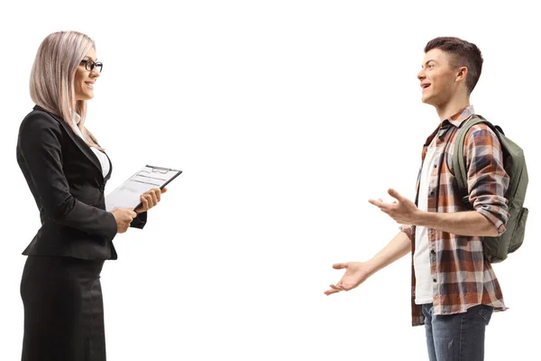 Perfil Estudiante Masculino Haciendo Gestos Hablando Con Una Mujer Negocios — Foto de Stock