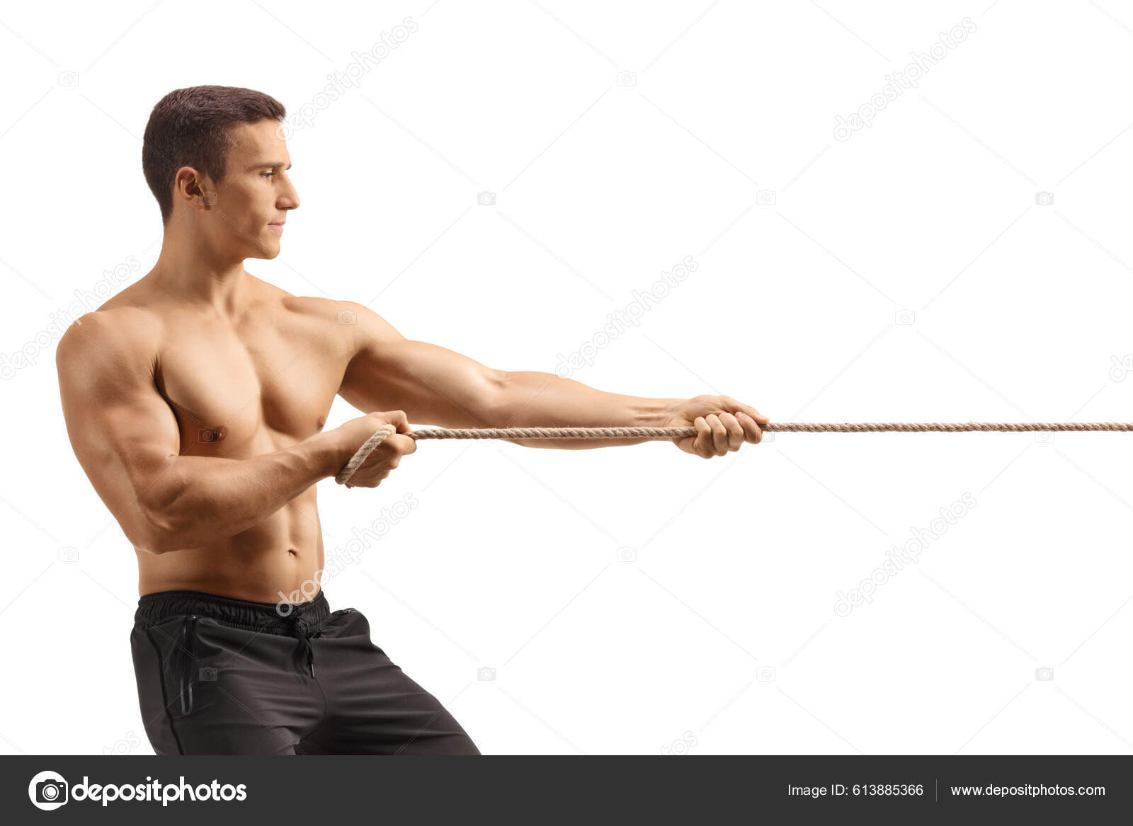 Profile Shot Strong Young Shirtless Man Pulling Rope Isolated White — Stock  Photo © ljsphotography #613885366