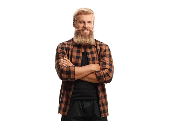 Jonge Blonde Man Met Baard Snor Draagt Geruite Shirt Geïsoleerd — Stockfoto