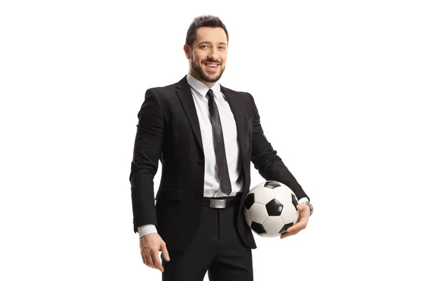 Homme Affaires Costume Tenant Ballon Football Regardant Caméra Isolée Sur — Photo