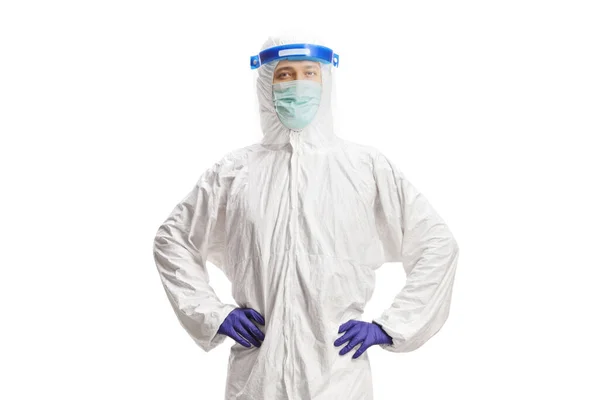 戴面罩和面罩隔离在白色背景下的危险垫防护设备的工人 — 图库照片