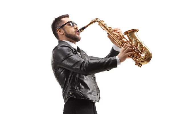 Hombre Tocando Saxofón Usando Gafas Sol Aisladas Sobre Fondo Blanco —  Fotos de Stock