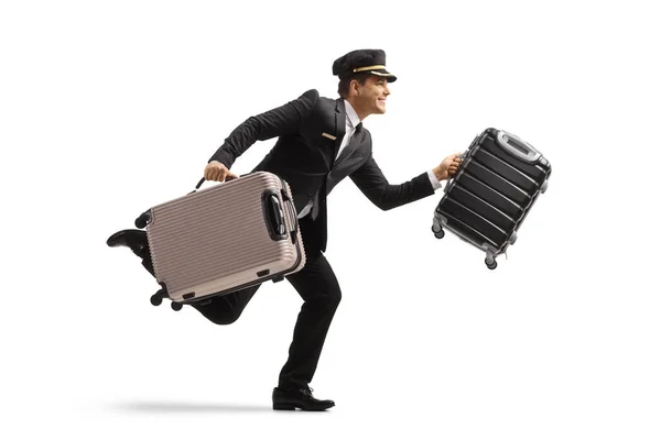 Full Length Profile Shot Bellboy Running Carrying Suitcases Isolated White — Stock Photo, Image