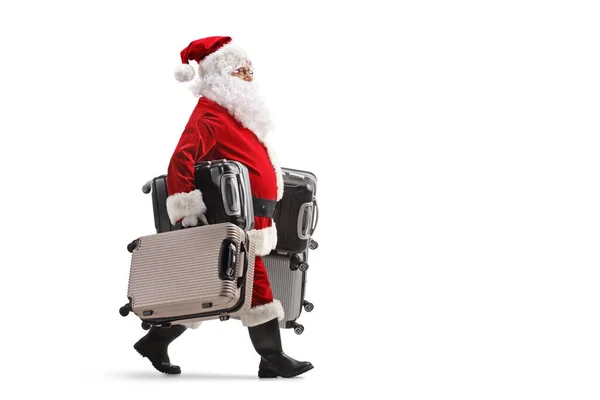 Full Length Profile Shot Santa Claus Walking Carrying Many Suitcases — Stock Photo, Image