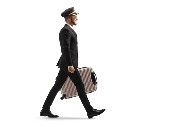 Full Length Profile Shot Bellboy Walking Carrying Suitcase Isolated White — Stock Photo, Image