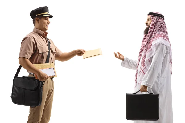 Mailman Delivering Letter Saudi Arab Man Ethnic Clothes Isolated White — Stock Photo, Image