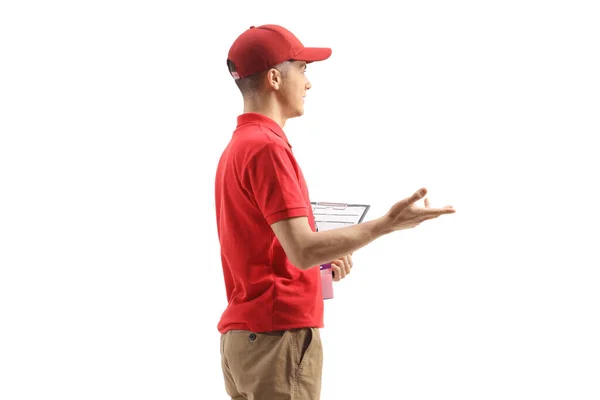 Male Shop Assistant Gesturing Hand Isolated White Background — Stock Photo, Image