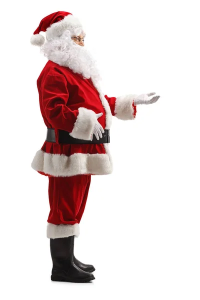 Full Length Profile Shot Santa Claus Standing Waiting Χέρι Προς — Φωτογραφία Αρχείου