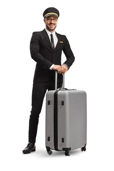 Full Length Portrait Pilot Uniform Standing Suitcase Isolated White Background — Stock Photo, Image