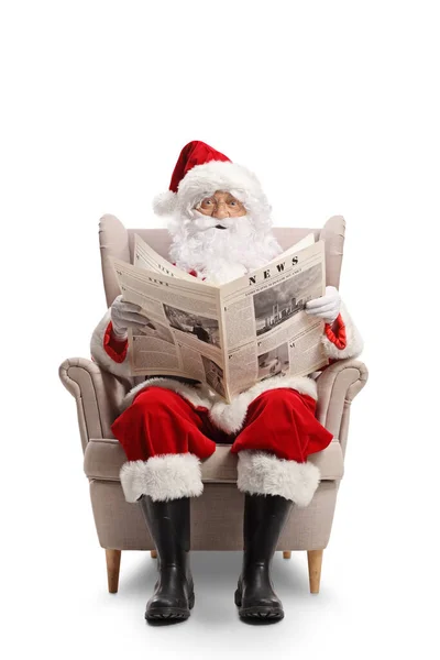 Santa Claus Sitting Armchair Reading Newspaper Isolated White Background — Stock Photo, Image