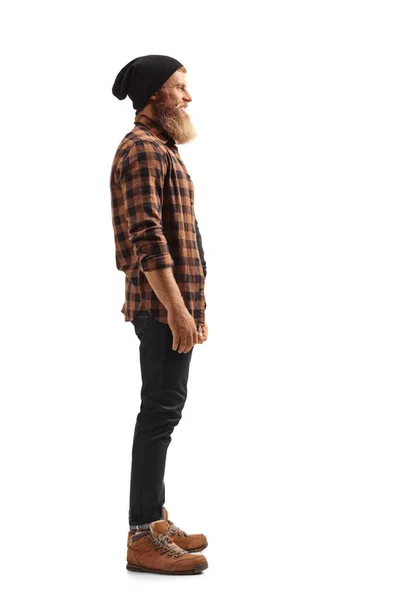 Full Length Profile Shot Bearded Guy Hat Standing Isolated White — Stock Photo, Image