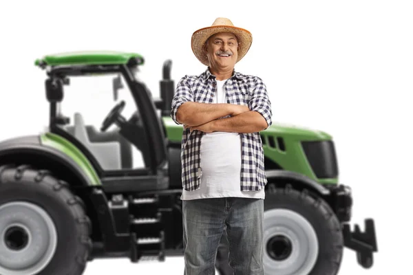 Mature Farmer Standing Front Green Tractor Isolated White Background — Stock Photo, Image