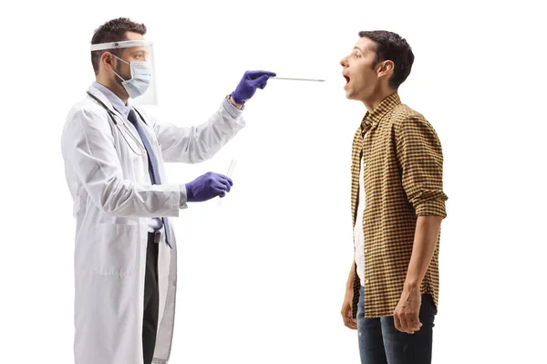 Doctor Face Shield Taking Cotton Swab Test Young Man Isolated — Stock Photo, Image