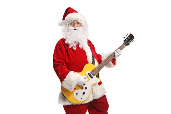 Santa Claus Gra Gitarze Electirc Izolowane Białym Tle — Zdjęcie stockowe