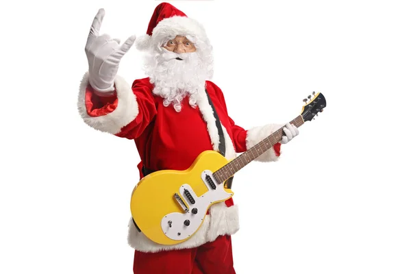 Papai Noel Com Uma Guitarra Electirc Mostrando Sinal Rock Roll — Fotografia de Stock