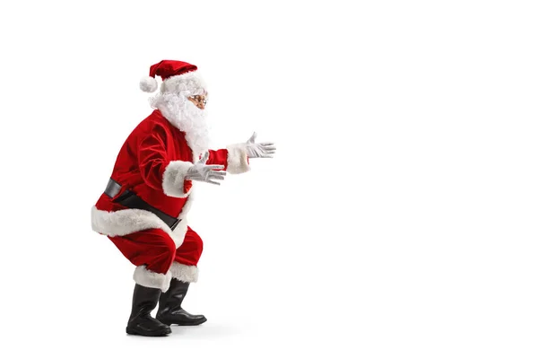 Santa Claus的全长照片等着拥抱一个被白色背景隔离的人 — 图库照片
