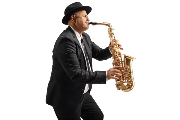 Mature Musician Playing Saxophone Isolated White Background — Stock Photo, Image