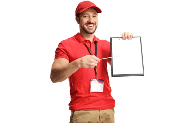 Store Manager Pointing Paper Document Clipboard Isolated White Background — Stock Photo, Image