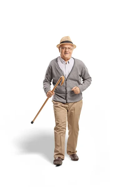Ritratto Figura Intera Anziano Che Cammina Sorride Isolato Sfondo Bianco — Foto Stock