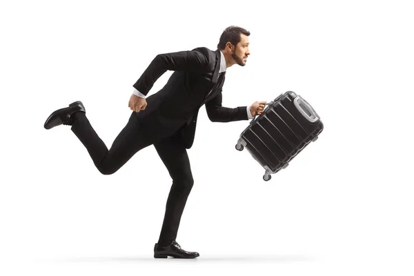 Full Length Portrait Young Businessman Rush Carrying Suitcase Isolated White — Stock Photo, Image