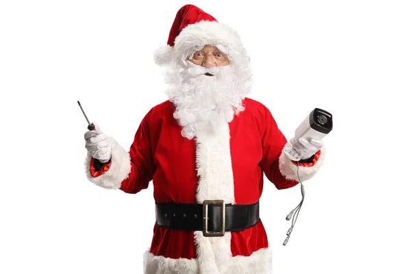 Surpreendido Santa Claus Segurando Uma Câmera Cctv Uma Chave Fenda — Fotografia de Stock