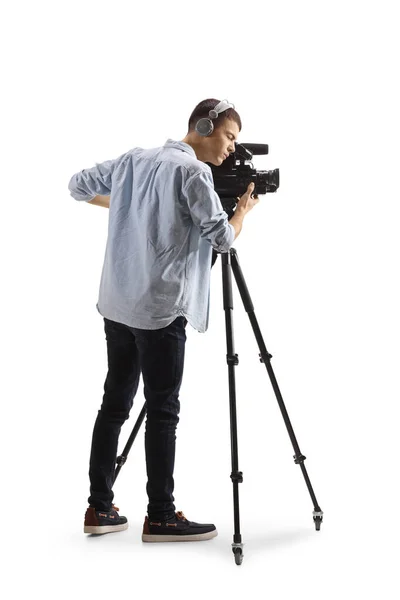 Kameramanın Beyaz Arka Planda Izole Edilmiş Kamera Ile Tam Uzunlukta — Stok fotoğraf