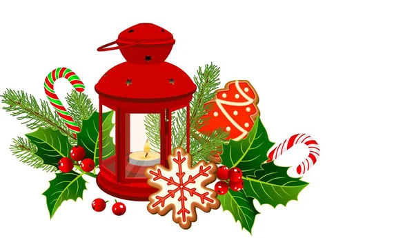 Karácsonyi Piros Lámpás Szilveszteri Dekoráció Karácsonyi Mézeskalács Fenyőfa Ágak Cukornád — Stock Vector