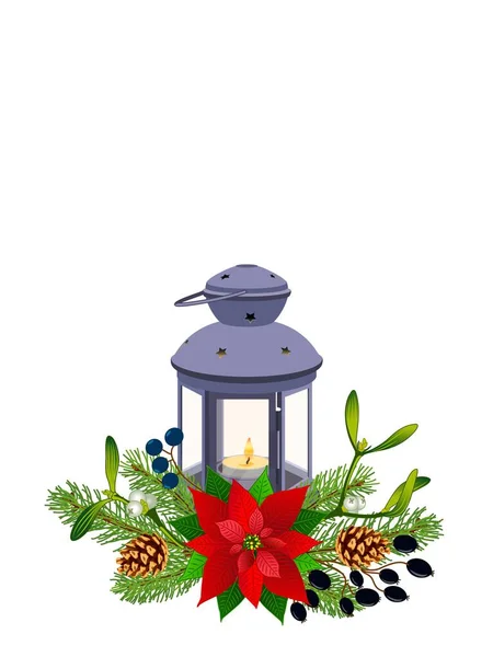 Yılbaşı metali, gri fener, yeni yıl dekorasyonu. Noel kurabiyesi, köknar ağacı dalları, çam kozalakları, Poinsettia, ökseotu, böğürtlen. Beyaz arkaplanda izole et.