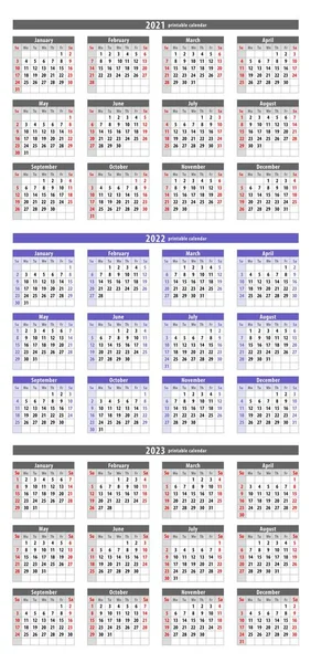 Takvim 2021, takvim 2022 Renkli Leylak Çok Peri, takvim 2023. Hafta pazar günü başlıyor, İngilizce. Şirket tasarım planlama şablonu. Vektör illüstrasyonu.