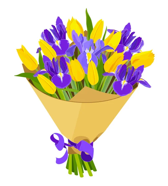 Tulipanes Amarillo Ramillete Flores Iris Azules Ramo Primavera Aislar Sobre — Vector de stock