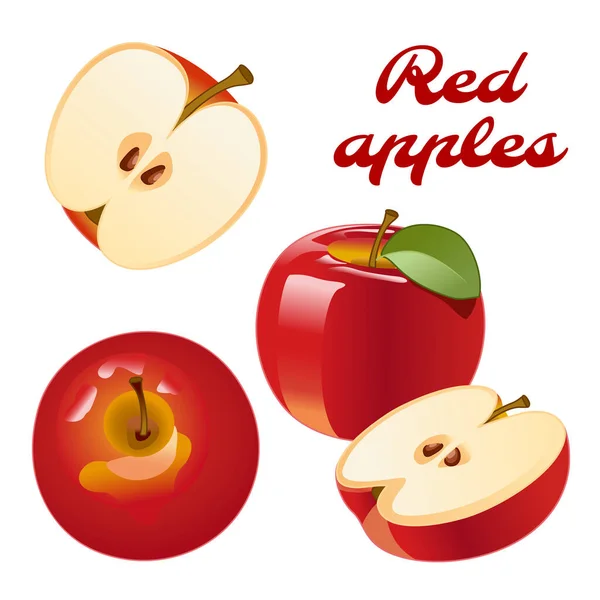 Rote Äpfel Vektorset Apfelscheiben Für Getränke Saft Werbung Und Verpackung — Stockvektor